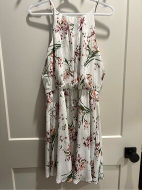 Eclipse White Floral Halter Midi Dress with Pink and Green Blooms